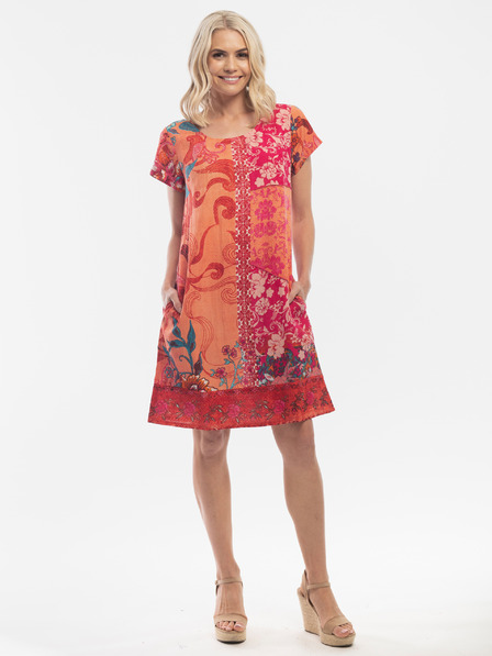 Orientique Rot-orangefarbenes Orientique gemustertes Kleid für Damen