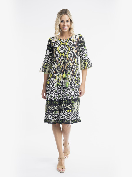 Orientique Weißes und grünes Orientique Izmir gemustertes Midikleid für Damen