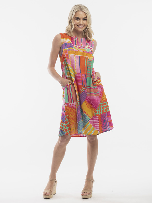 Orientique Orange-rosa gemustertes Damenkleid mit Taschen Orientique