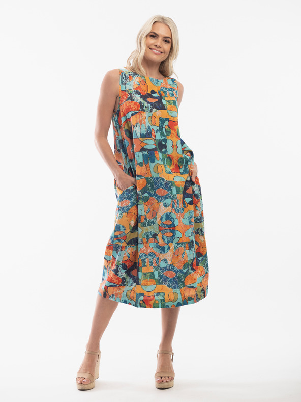 Orientique Orange-türkisfarbenes gemustertes Orientique Kleid für Damen aus Leinen