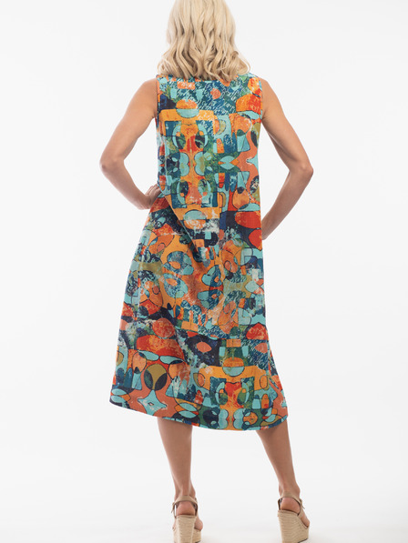 Orientique Orange-türkisfarbenes gemustertes Orientique Kleid für Damen aus Leinen