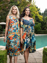 Orientique Orange-türkisfarbenes gemustertes Orientique Kleid für Damen aus Leinen