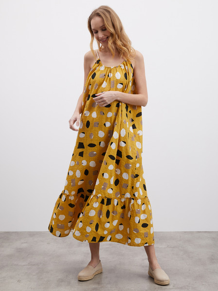 ZOOT.lab Senfgelbes gemustertes Damen Maxikleid mit Rüsche ZOOT.lab Grete