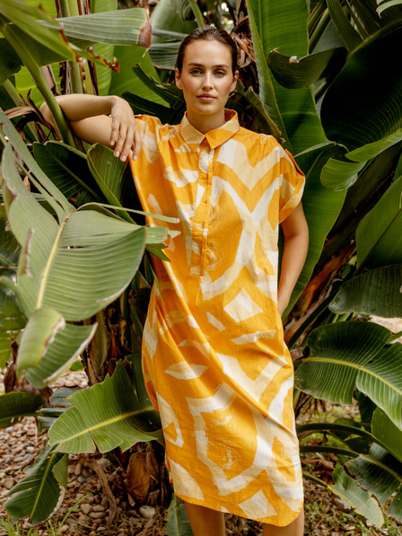 Fransa Weißes und orangefarbenes gemustertes Damen-Midikleid mit Taschen Fransa