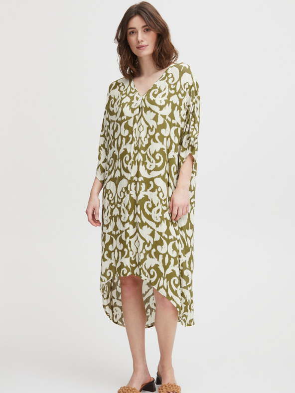 Fransa Weißes und khakifarbenes gemustertes Hemdblusenkleid für Damen Fransa