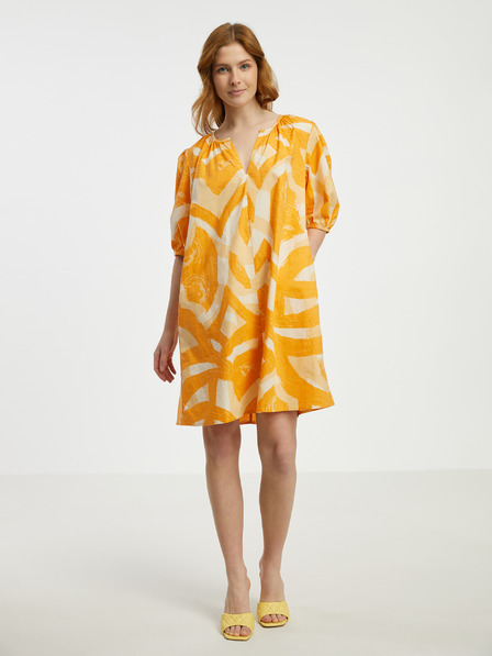 Fransa Weißes und orangefarbenes gemustertes Damenkleid Fransa